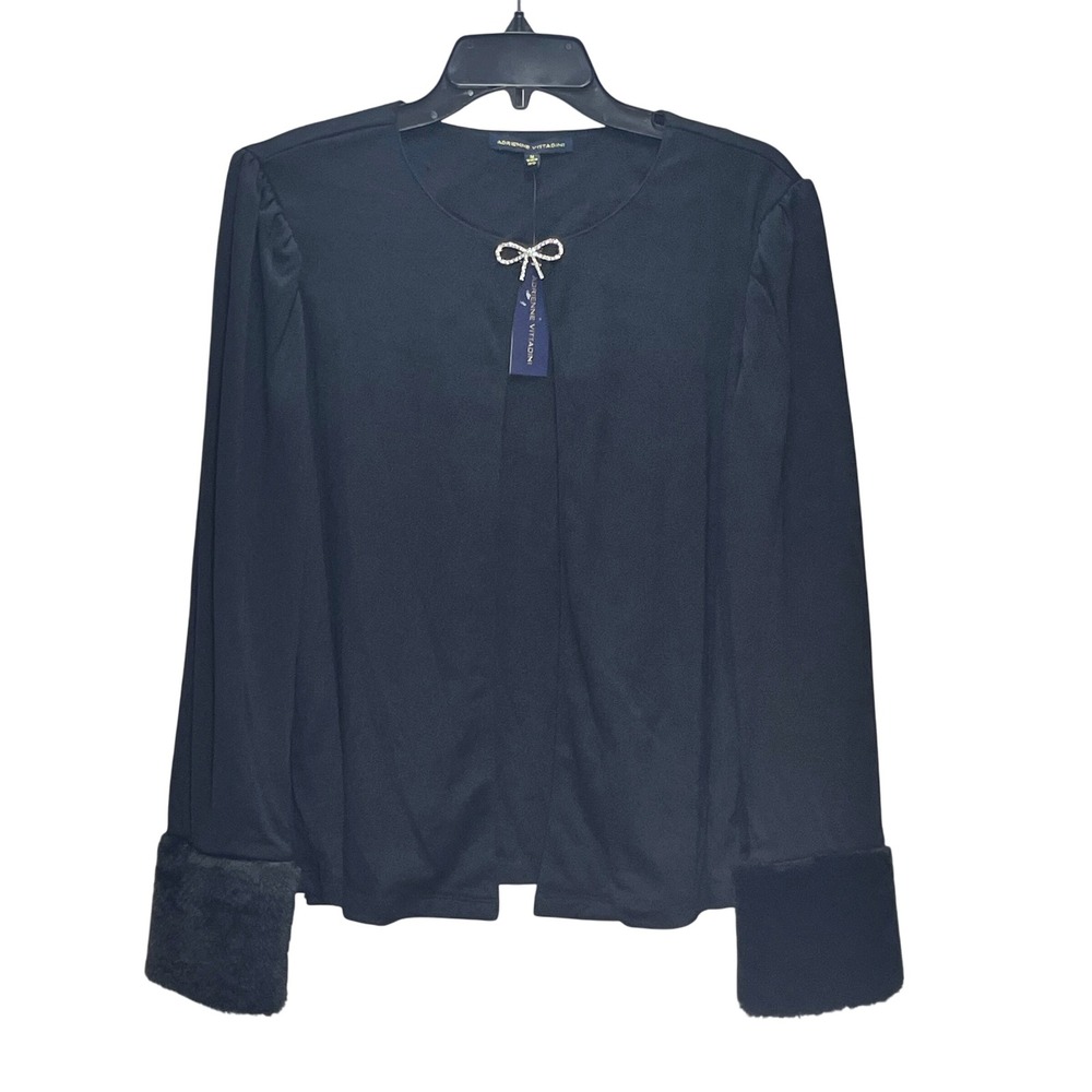 Adrienne Vittadini Black Cardigan‎ Rhinestone Bow Faux Fur Cuff Long Sleeve M